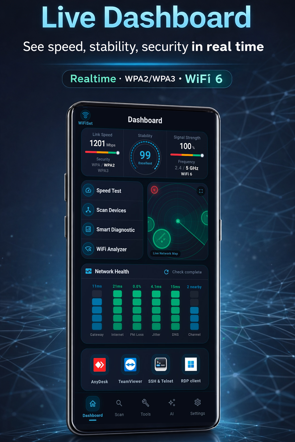 WiFiSet Dashboard with 3D network orb